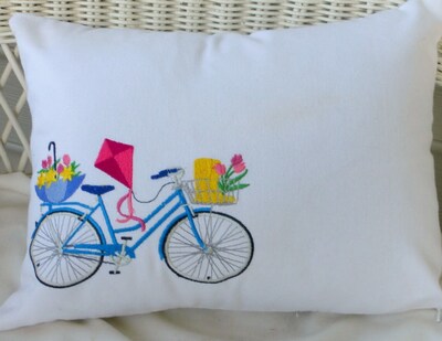 Spring Pillow covers, Embroidered bicycle pillow, seasonal bike pillows, embroidered Accent pillows, bike pillows - image1